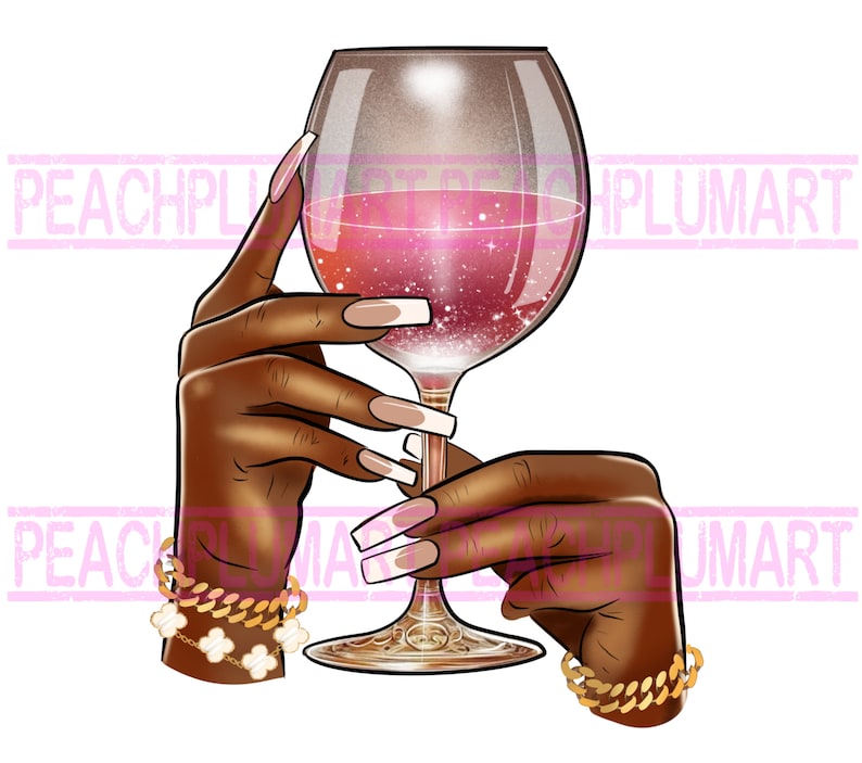 May include: A pair of hands holding a glass of red wine with glitter. The glass is clear and has a gold rim. The hands are wearing gold bracelets.