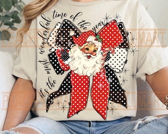 Polka dots Christmas bow png, Polka dots Santa PNG, It’s the most wonderful time of the year png, Retro christmas png, Christmas Bow PNG