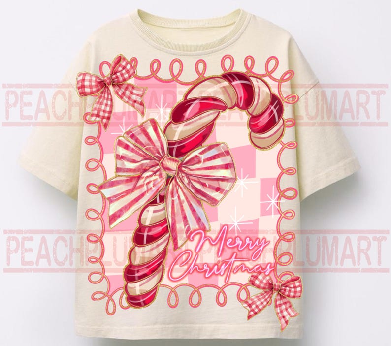 May include: Cream-colored t-shirt featuring a candy cane design with red and pink bows and the words "Merry Christmas." The candy cane has red and white stripes. The design is surrounded by a pink border.