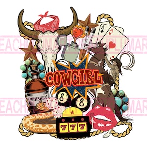 May include: A colorful graphic featuring a cowgirl theme. Elements include a bull skull, playing cards, horses, a whiskey bottle, dice, a slot machine, and the word "COWGIRL" in a starburst. The design incorporates a red bandana, a heart, and a pair of lips.