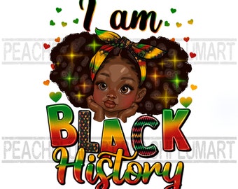 Könnte beinhalten: Digitale Illustration eines jungen schwarzen Mädchens mit großen Augen, das sein Kinn auf seinen Händen abstützt. Der Text "I am Black History" wird in farbenfrohen, stilisierten Buchstaben mit Herzakzenten angezeigt.