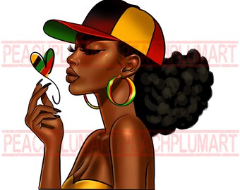 May include: A digital illustration of a Black woman with a red, yellow, and green baseball cap, large hoop earrings, and a heart-shaped object with the same colors. The woman is looking at the heart-shaped object.