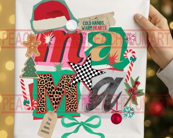 May include: A festive white graphic design with the word "mama" in a collage of fonts and colours, incorporating Christmas imagery such as a Santa hat, gingerbread man, and candy canes. The text "Cold Hands, Warm Hearts" is also included.