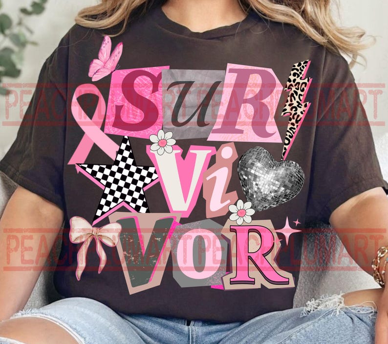 May include: Dark brown t-shirt with the word "SURVIVOR" in pink, white, and gray block letters. The design includes a pink ribbon, a butterfly, a star, a bow, a disco ball heart, and a lightning bolt.