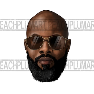 May include: A digital illustration of a man's face with a shaved head, a thick black beard, and sunglasses. The background is white.