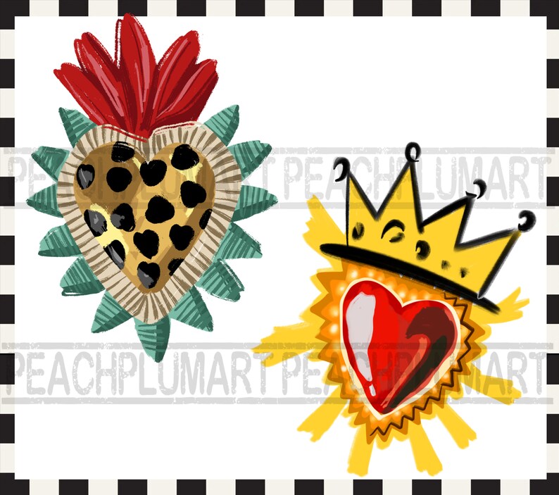 Pu&ograve; includere: Due cuori stilizzati con una corona sopra uno. Il cuore a sinistra &egrave; dorato con macchie nere e ha un design floreale rosso e verde intorno. Il cuore a destra &egrave; rosso con una corona gialla e un design a raggiera giallo intorno.