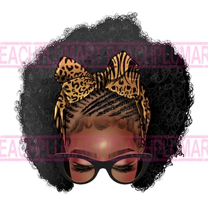 May include: A digital illustration of a Black girl with a large afro hairstyle. She is wearing a leopard print headband and black framed glasses. Her eyes are closed.