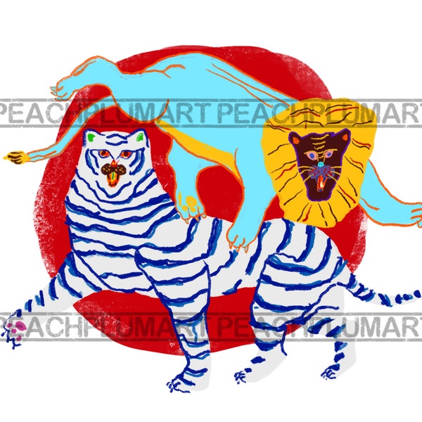 Lion and Tiger Png, Chinese lion Png, Chinese Tiger Png, Abstract Art Png, Doodle animal png, Lion Png, Tiger Png, Asian Tiger Png