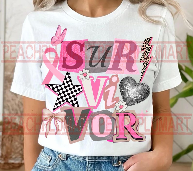 May include: White t-shirt with the word "SURVIVOR" in a collage of pink, gray, and black letters. The design includes a pink ribbon, a butterfly, a star, a bow, a disco ball heart, and a lightning bolt.
