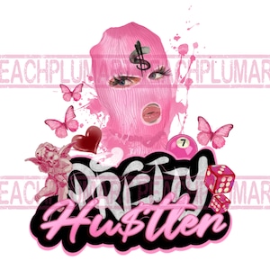 Könnte beinhalten: Pinkes und schwarzes Grafikdesign mit dem Text "Pretty Hustler" und einer pinkfarbenen Sturmhaube mit einem Dollarzeichen. Das Design enthält auch ein Herz, einen Schmetterling, eine Billardkugel und Würfel.
