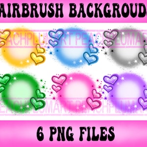 Pu&ograve; includere: Sei sfondi digitali che presentano un cerchio con cuori e scintille in diversi colori: giallo, blu, grigio, verde, rosa e viola. Il testo "6 FILE PNG" &egrave; nella parte inferiore dell'immagine.