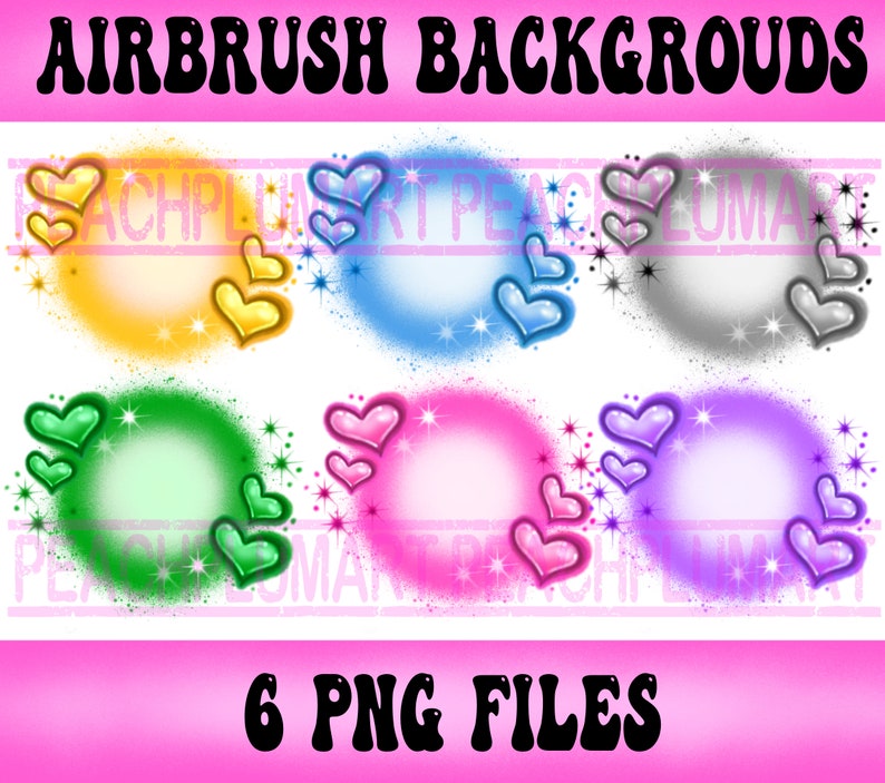 Pu&ograve; includere: Sei sfondi digitali che presentano un cerchio con cuori e scintille in diversi colori: giallo, blu, grigio, verde, rosa e viola. Il testo "6 FILE PNG" &egrave; nella parte inferiore dell'immagine.