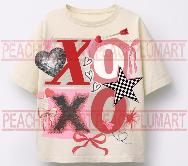 May include: Cream-colored t-shirt with a graphic design featuring the letters "XO" in red and black, along with a disco ball heart, a checkered star, and bows. The design includes hearts and an arrow.