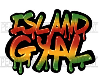 May include: A graphic design with the words "ISLAND GAL" in a dripping, graffiti-style font. The letters transition from green to yellow to red, outlined in black, with a white background.