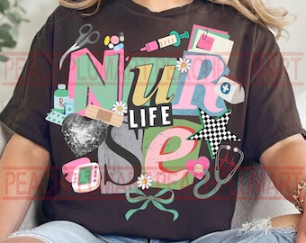 Preppy verpleegkundige Y2K png, retro Y2K verpleegkundige png, verpleegkundige leven png, stethoscoopstrik, preppy verpleegkundige ontwerp, geruite verpleegkundige png