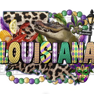 Diseño de sublimación png de Luisiana, descarga de diseño de sublimación png de mardi gras de Luisiana, sublimación de Mardi Gras, mapa de Luisiana png, cocodrilo