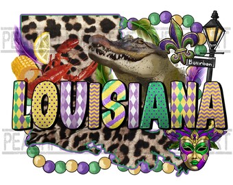 Louisiana png sublimeringsdesign, Louisiana Mardi Gras png sublimeringsdesign nedladdning, Mardi Gras sublimering, Louisiana karta png, krokodil