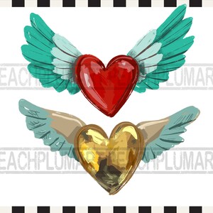 Pu&ograve; includere: Due cuori con le ali. Un cuore &egrave; rosso e l'altro &egrave; dorato. Entrambi i cuori hanno ali turchesi e bianche.