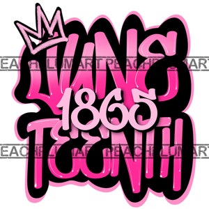 Puede incluir: Diseño gráfico rosa y negro con el texto "1865 Tenth" y una corona. El diseño es de estilo graffiti.