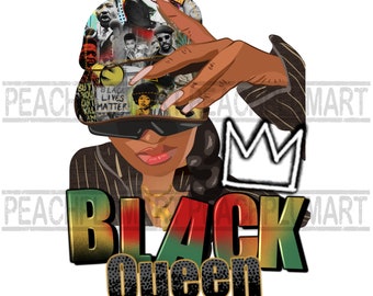 Puede incluir: Una ilustración digital de una mujer negra que lleva una chaqueta a rayas blancas y negras, una gorra de béisbol con estampado blanco y negro y gafas de sol. La gorra tiene las palabras "Black Lives Matter" en ella. La mujer se está tapando la cara con la mano y hay una corona dibujada sobre su cabeza. Las palabras "Black Queen" están escritas en letras grandes y coloridas debajo de ella.