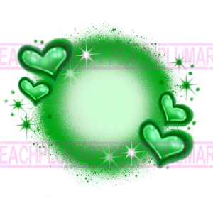 Pu&ograve; includere: Sfondo verde a spruzzo con un cerchio al centro e quattro cuori verdi attorno al cerchio. I cuori sono lucidi e hanno un effetto 3D. Ci sono stelle bianche intorno ai cuori.