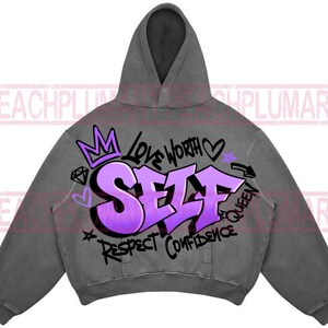 May include: Gray hooded sweatshirt with a purple and black graphic print that says "LOVE WORTH SELF RESPECT CONFIDENCE QUEEN".