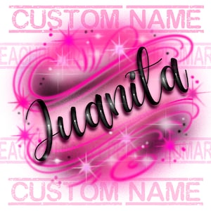 Puede incluir: Fondo rosa y blanco con un nombre en cursiva negra "Juanita" en un dise&ntilde;o de espiral rosa con estrellas blancas.