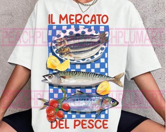 Italian market png, Il mercato png, Il mercato del pesce png, sardines png, trendy summer png, Italian tomato shirt png, sardines tin png