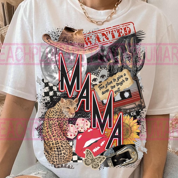 Grunge western mama png, cheetah bling collage geruit png populair trendy png-sublimatie voorkant achterkant png dtf png Bestseller