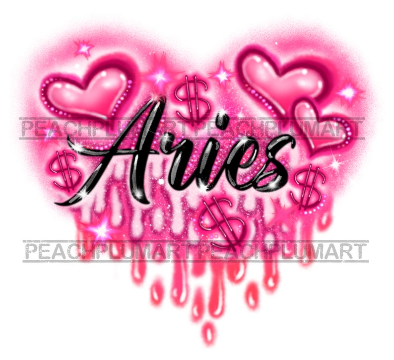 Puede incluir: Dise&ntilde;o gr&aacute;fico rosa y negro con la palabra "Aries" en una fuente que gotea. El dise&ntilde;o incluye dos corazones, signos de d&oacute;lar y brillo.