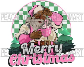 Merry Christmas Png, pink Christmas Png, Groovy Pink Christmas Png, Black Santa Png, Black Santa Pink Christmas Png, Retro Pink Christmas