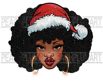 Afro woman santa hat PNG, Christmas PNG, Glitter afro lady png, Christmas Shirt Digital Files Cheerful Sparkly Glitter, Sublimation
