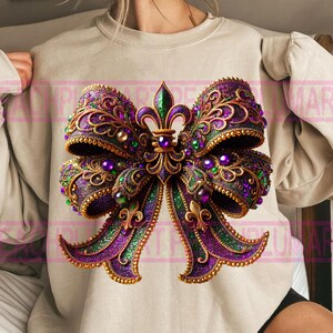 Mardi gras bow png sublimation design digital download, coquette mardi gras png, king cake png, fleur de lis bow png
