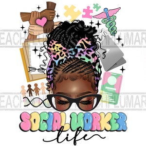 May include: A colorful illustration of a Black woman with a leopard print headband and glasses. The text "Social Worker Life" is written in rainbow colors. The image includes various symbols related to social work, such as a puzzle piece, a heart, and a DNA strand.