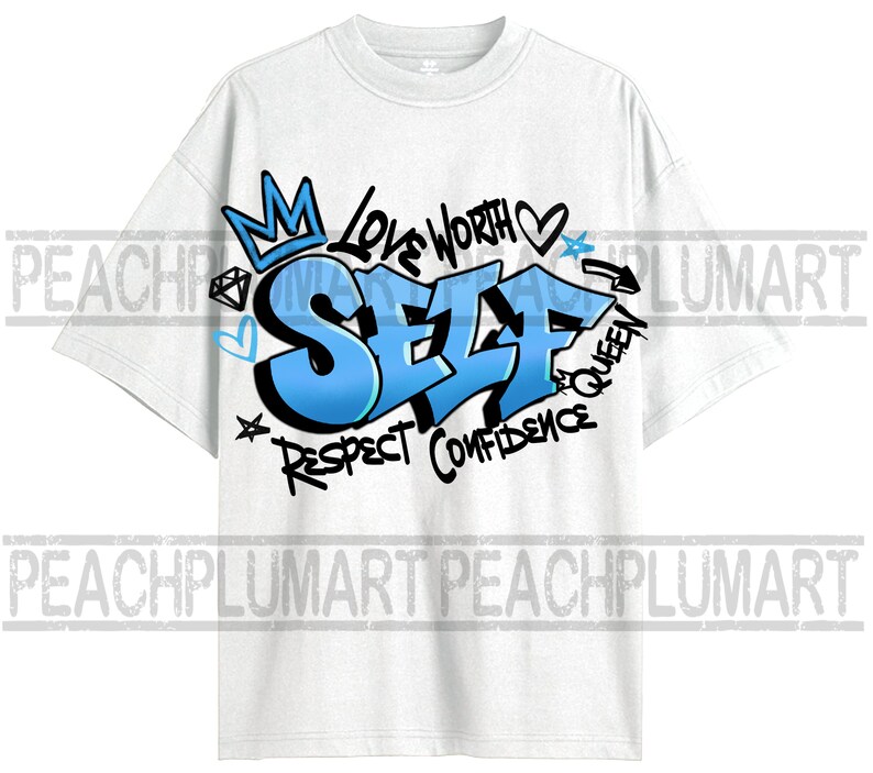 May include: White t-shirt with a blue and black graphic design that says "SELF" with the words "Love Worth", "Respect", "Confidence", and "Queen" surrounding the word "SELF".