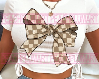 Beige Checkered bow png Coquette bow png Coquette clipart design trending png retro mom png bow png soft girl aesthetic png tee shirt