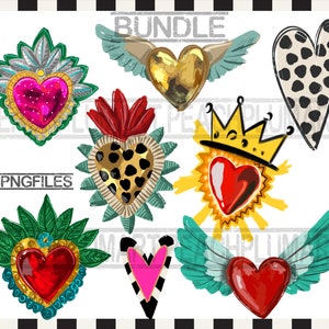 Pu&ograve; includere: Un set di otto immagini clipart digitali che presentano cuori stilizzati e colorati con vari design, tra cui ali, corone e pois. I cuori sono perfetti per progetti di artigianato, scrapbooking e design digitale.