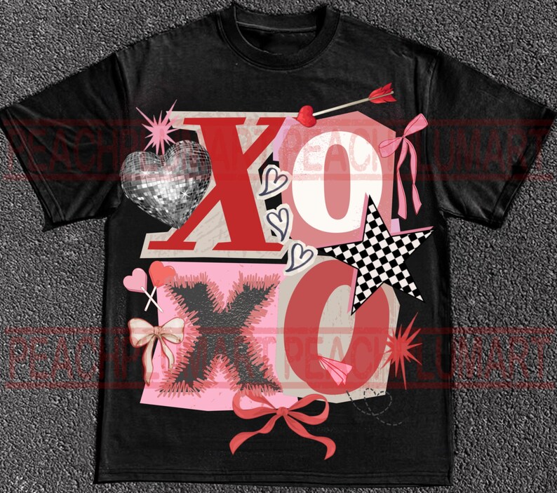 May include: Black t-shirt with a graphic design featuring the letters "XO" in red and pink, along with hearts, bows, and a checkered star. The design includes a disco ball heart and an arrow through a heart.