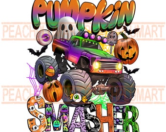 Pumpkin smasher png, monster truck halloween png, spooky vibes png, halloween truck png, pumpkin truck png, halloween kids designs