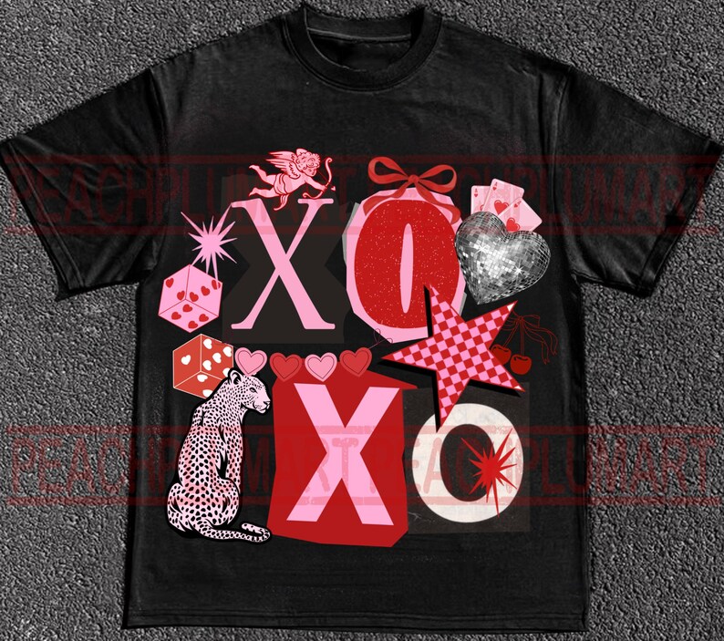 May include: Black t-shirt with a graphic design featuring the letters "XO" in pink and red, along with a leopard, dice, hearts, a star, and a cherub. The design has a vintage, distressed look.