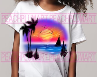 Sunset beach png, descarga digital de diseño de sublimación de playa, fondo de puesta de sol con aerógrafo png, diseños de aerógrafo Y2K, palma de puesta de sol png