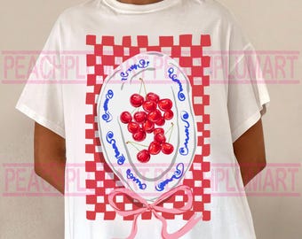 Checkered cherry plate png, Trendy summer cherry png, Coquette cherry png, Checkered cherry png, Summer cherry png,  Coquette Cherry Bow Png