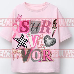 May include: Pink t-shirt with the word "SURVIVOR" in a collage style. The design includes a pink ribbon, a butterfly, a checkered star, a bow, a disco ball heart, and a lightning bolt.