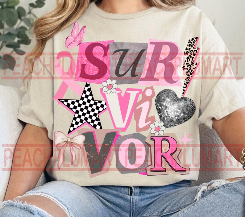 May include: Beige t-shirt with the word "SURVIVOR" in a collage style. The design includes a butterfly, star, heart, and lightning bolt, all in pink, black, and white. The shirt is made of a soft material.
