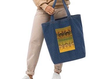 Sparrow's garden (earth version) - Organic denim tote bag - Big and sturdy jeans bag with inside pocket