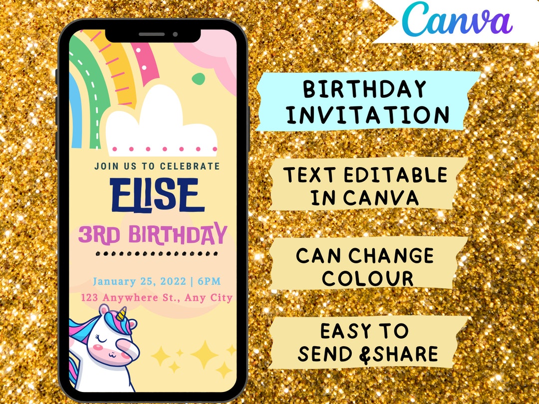 DIY Digital Unicorn Birthday Invitation Canva Template Fully Editable Digital Invite Mobile