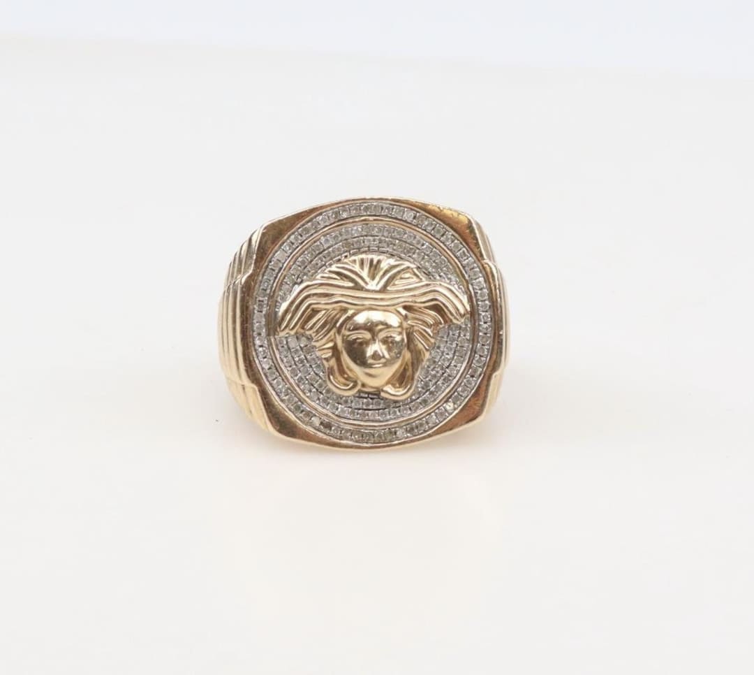10k Solid Gold Diamond Ring Versace Style Medusa Head Size 11