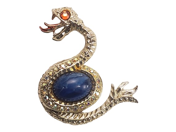 Snake Brooch with AB Rinestones Red Eye and Blue … - image 1