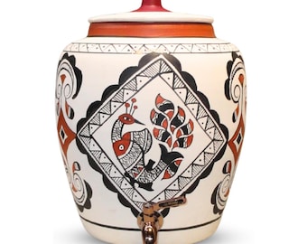 Handmade Earthen Clay Water Pot, Peacock Design, 11 Liter
