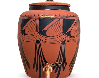 Handcrafted Terracotta Water Pot | Red Clay Dispenser with Black Spade Design
